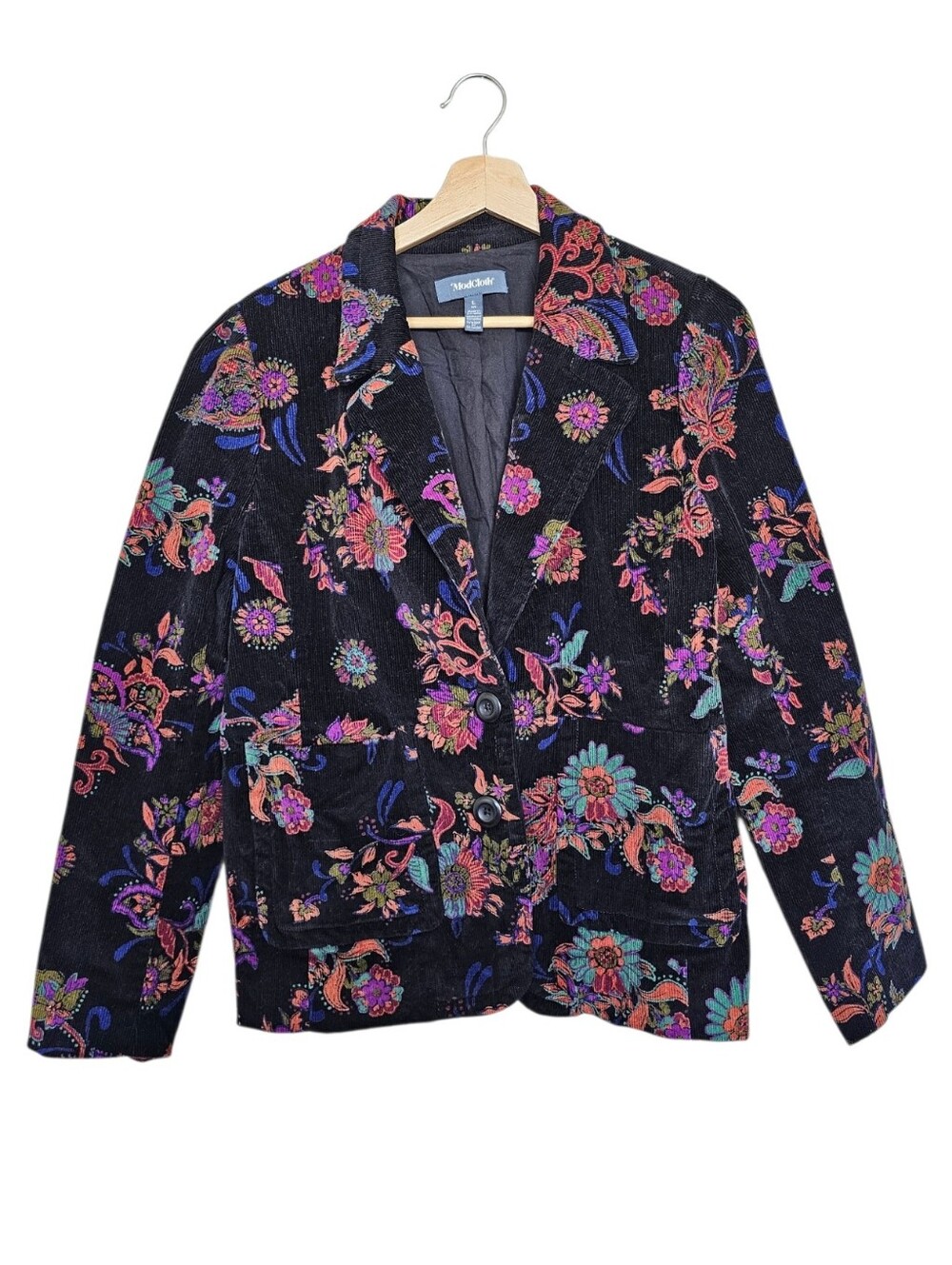 Modcloth Black Floral Print Colorful Corduroy Blazer Jacket Size Large